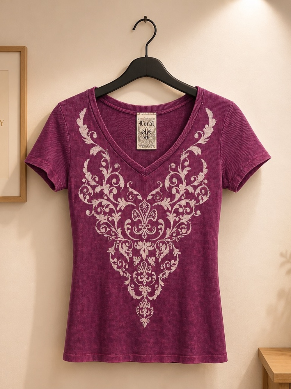Vocal Plum V-Neck Short Sleeve Tee with White Filigree Print